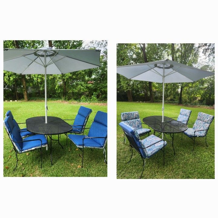10 Pc. Wrought Iron Patio Set New REVERSIBLE Cushions & Umbrella 