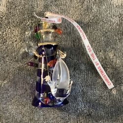 Handblown Glass Lighthouse W/ Attached Sailboat, Seagull , And Christmas Lights Ornament 