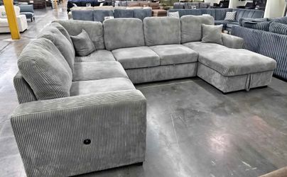 Grey Corduroy U-Shaped Sleeper Sectional with Storage NEW