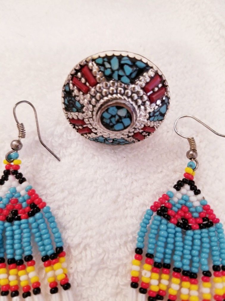 American Indian Turquoise Ring Size 7 with Handmade Earrings