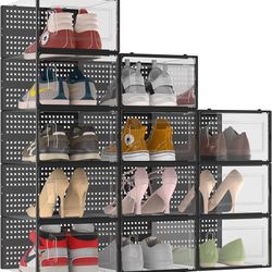 XX Large Shoe Storage Box Organizer for Closet, 12 Pack Space Saving Versatile Clear Plastic Stackable Sneaker Shoe Rack Containers Bins Holders, Port