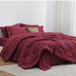 Love's cabin Queen Comforter Set Burgundy, 7 Pieces Queen Bed in a Bag, All Season Bedding Sets with 1 Comforter, 1 Flat Sheet, 1 Fitted Sheet, 2 Pill