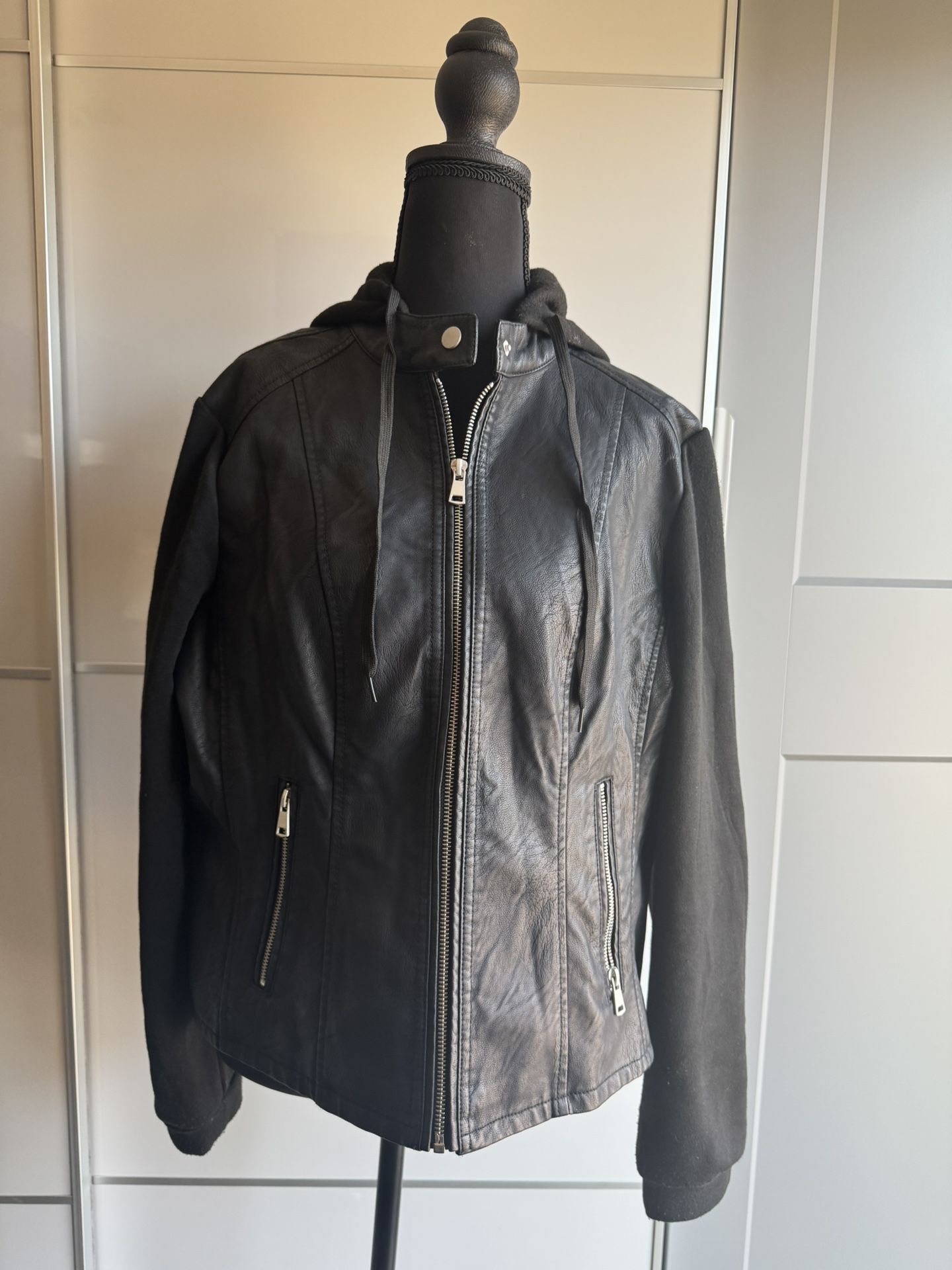 Faux Leather Hooded Biker Jacket