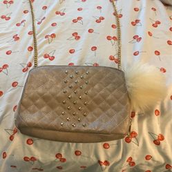Tan golden studded Crossbody Bag With Puffball 
