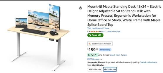 (New) 48 in. Rectangular Maple Steel Compact Electric Standing computer Desk with Adjustable Height