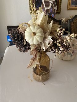 Glass Vase W/ Jute & Fall Bouquet With Pumpkins 