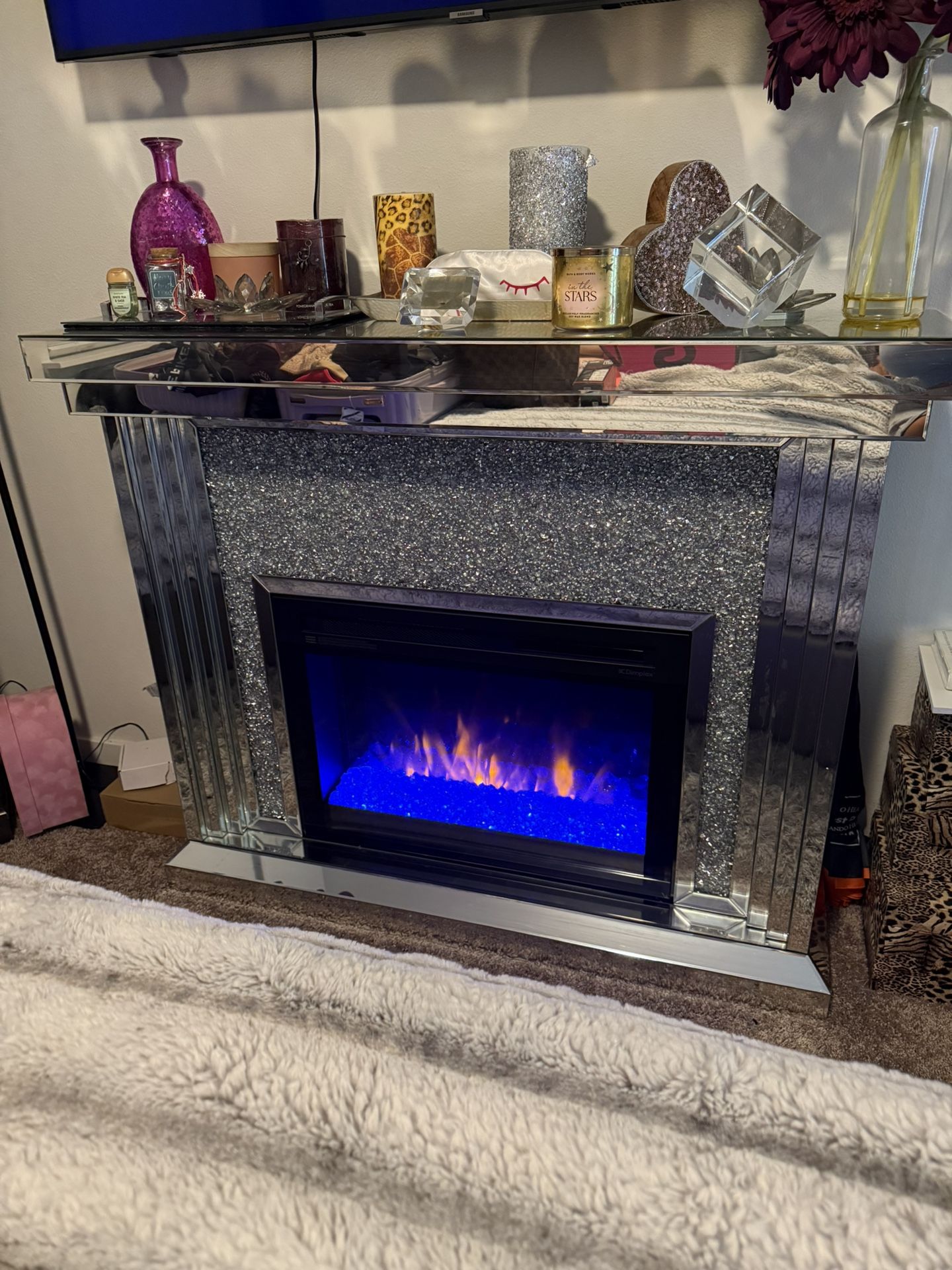 Crystal Mirrored Mantle with Crystal Insert Fireplace