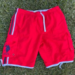 U.S. Polo ASSN swim trunks men's red stripe M built-in-liner cargo