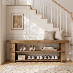 QQ0079 New assembled 55-Inch Entryway Bench, 2-Tier Shoe Storage Bench