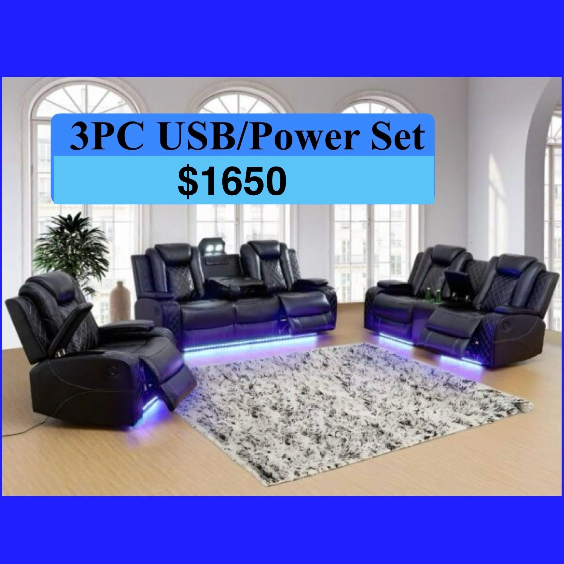 FREE DELIVERY — Brand new 3PC POWER, USB, LED Reclining Sofa Loveseat Chair 
