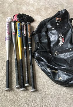 5 bats/ equipment bag/glove/ball