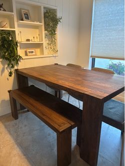 CB2 Blox Brown Wooden Table (CB2 Bench Included)