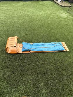 Vintage Paris R-5 wooden toboggan sled - 60” w/blue cushion