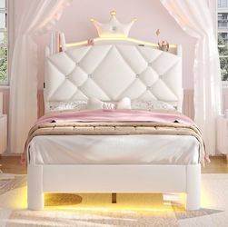 Twin Bed Frame with LED Lights, Princess Upholstered Bed with Headboard with Charging Station & Crystal Button & Crown, Velvet Platform Bed for Girls,