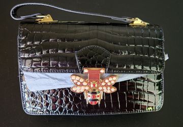 Jeweled Bee Black Croc Handbag/Crossbody