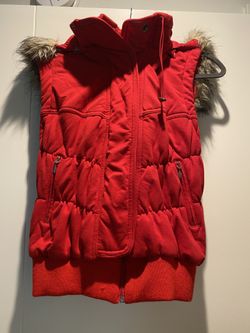 Red Puffer Vest With Faux Fur Trim Hood