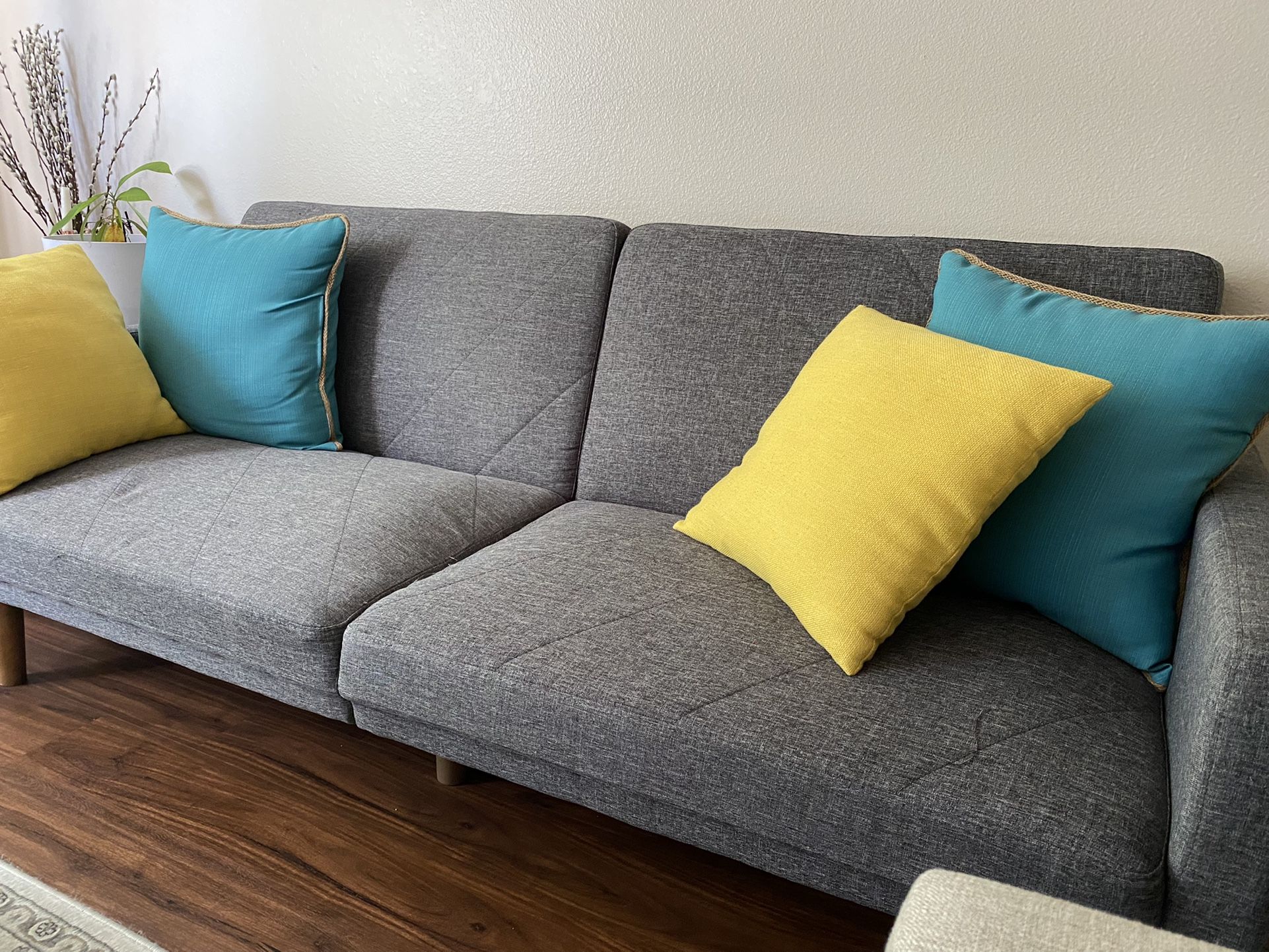 DHP Paxson Convertible Futon Couch Bed with Linen Upholstery and Wood Legs - Grey