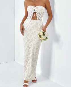 Women's Two Piece Skirt Sets Outfits Lace Strapless Bandeau Tube Top and Summer Bodycon Long Maxi Skirt Set