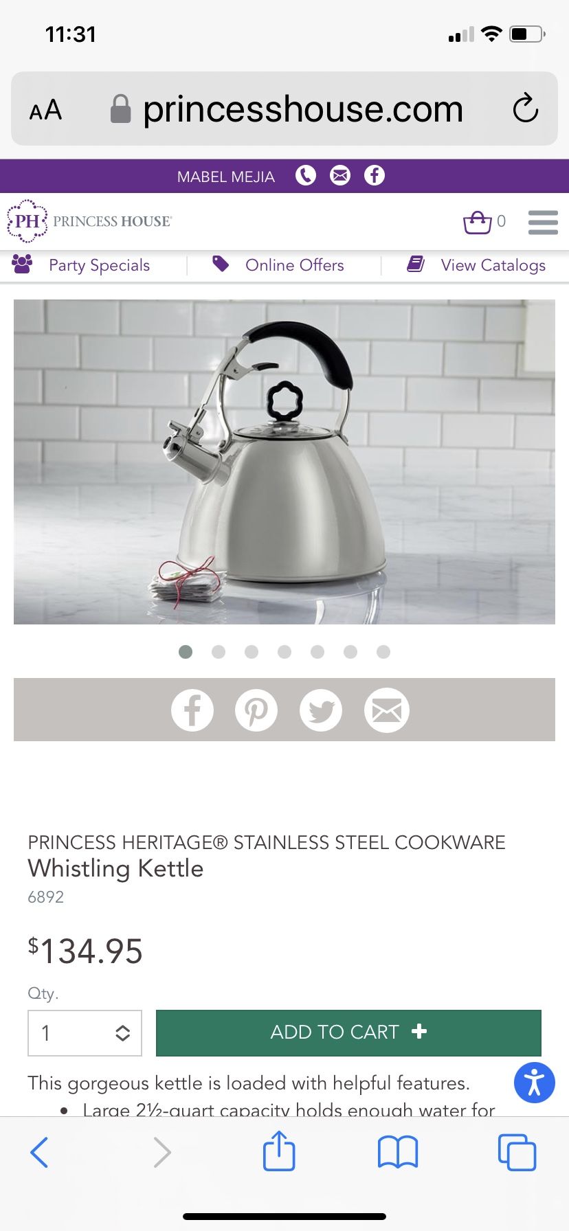 “NEW” $65 #6892 Princess House Whistling Kettle. Entrega 🚚 local o Recoger en El Monte.