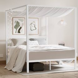 On Sale Full/Queen Size Metal Canopy Bed Frame, Heavy-Duty Support, White Modern Four-Poster Platform Bed, Under-Bed Storage, EVA Noise Sponge, Mattre