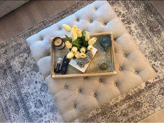 Tufteda Ottoman Coffee Table – Neutral Linen + Wood
