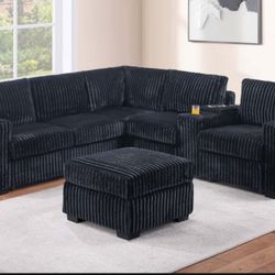 4-Pc Fur-like Jumbo Corduroy Sectional Sofa With Center Console With Cupholder 