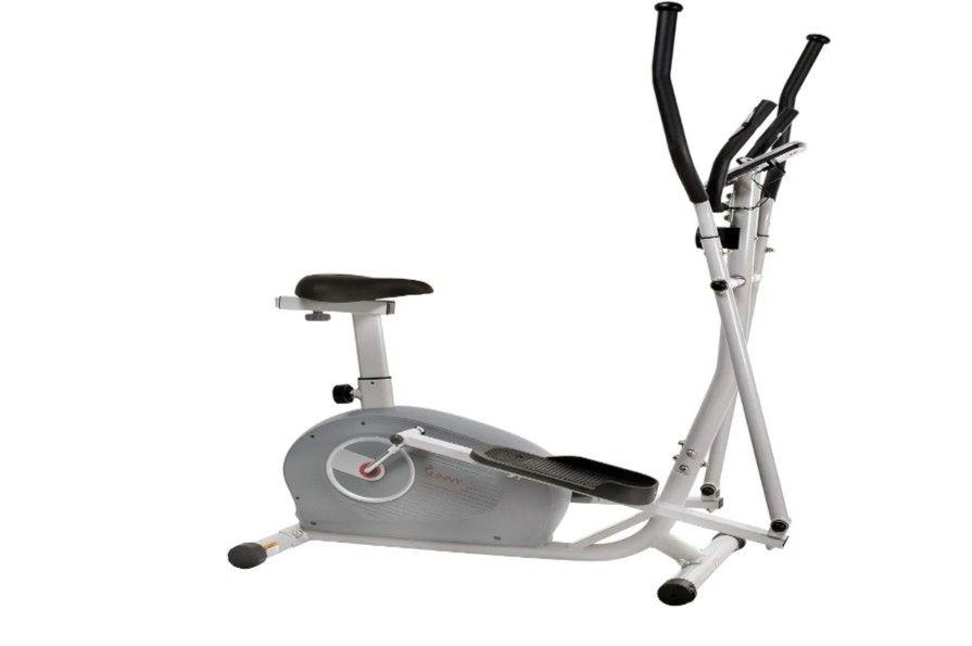 Sunny Health & Fitness 2-in-1 Magnetic Elliptical Upright Bike Essential Workout, Full-Body Exercise, Adjustable Seat Plus Multi-Function Digital Moni