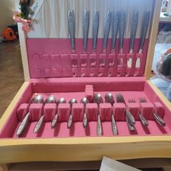 Mountain Rose Silverware  55 Pieces of Silverware Including Box  .  Box Slight damage