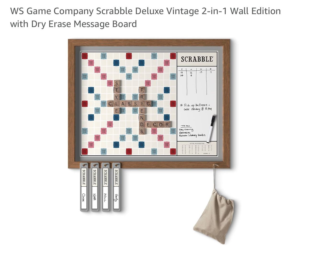 WS Game Company Scrabble Deluxe Vintage 2-in-1 Wall Edition with Dry Erase Message Board