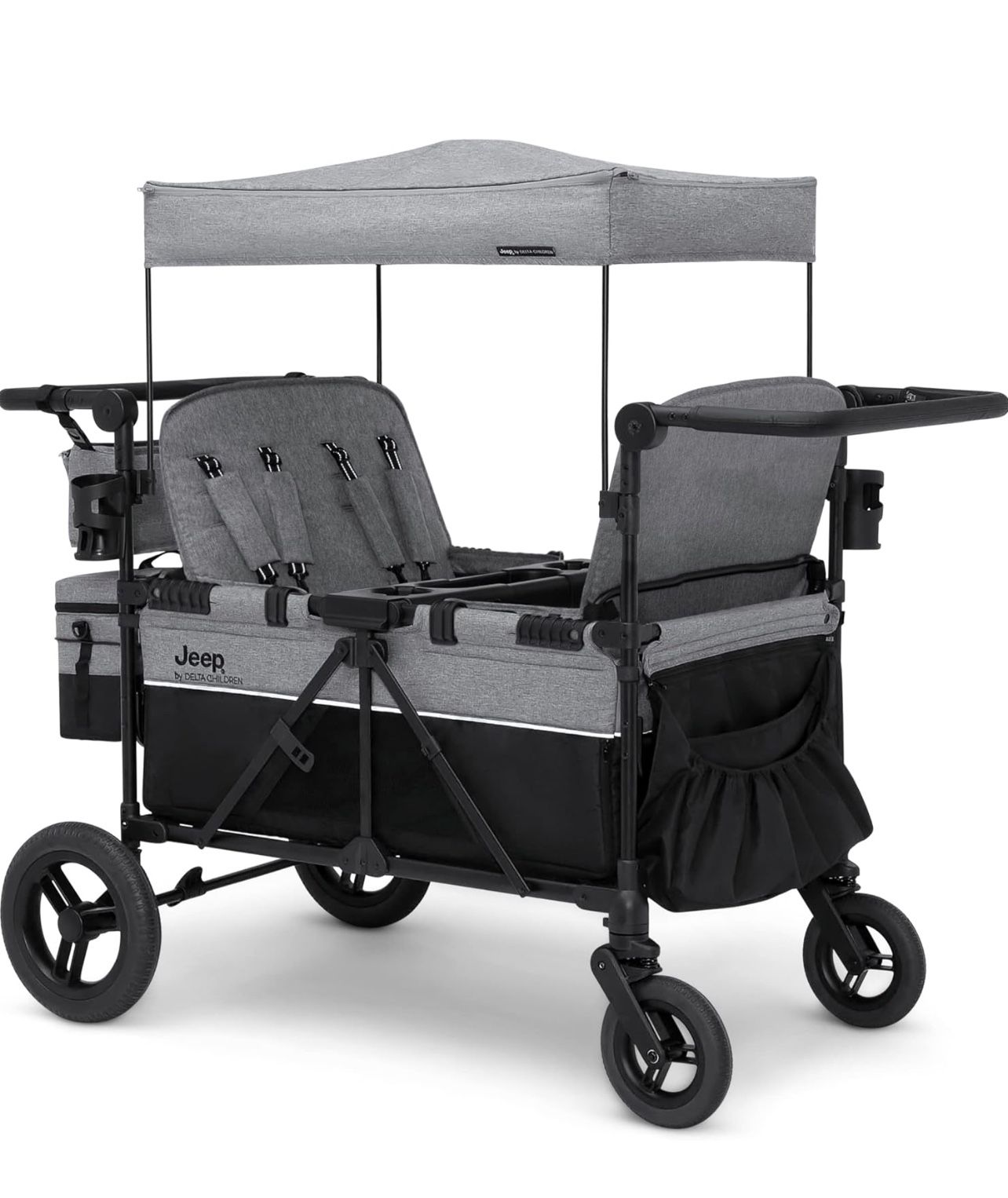 4 Seater Stroller Wagon by Delta Children - Premium Quad Stroller Wagon for 4 Kids with Convertible Seats, Adjustable Push/Pull Handles, Removable Can