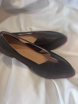 Black Leather Flat Loafers with Red Trim