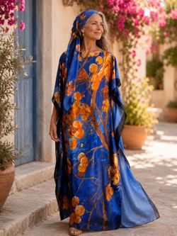 Long silky satin Kaftan Maxi Dress Blue Orange Floral with scarf Round Neck