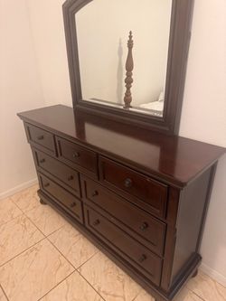 Dark Cherry Wood Dresser with Mirror