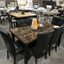 Lacey Medium Brown Faux Marble Dining Room Set (Dining table and Chairs
