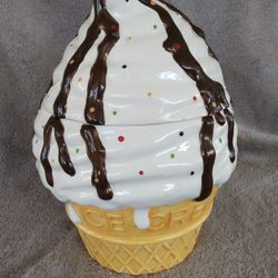 Vintage Large 11'' Ceramic Ice Cream Cone Shaped Cookie Jar With Wafer Handle Lid Model Gelato Living Art Design In Australia Kitchen Décor