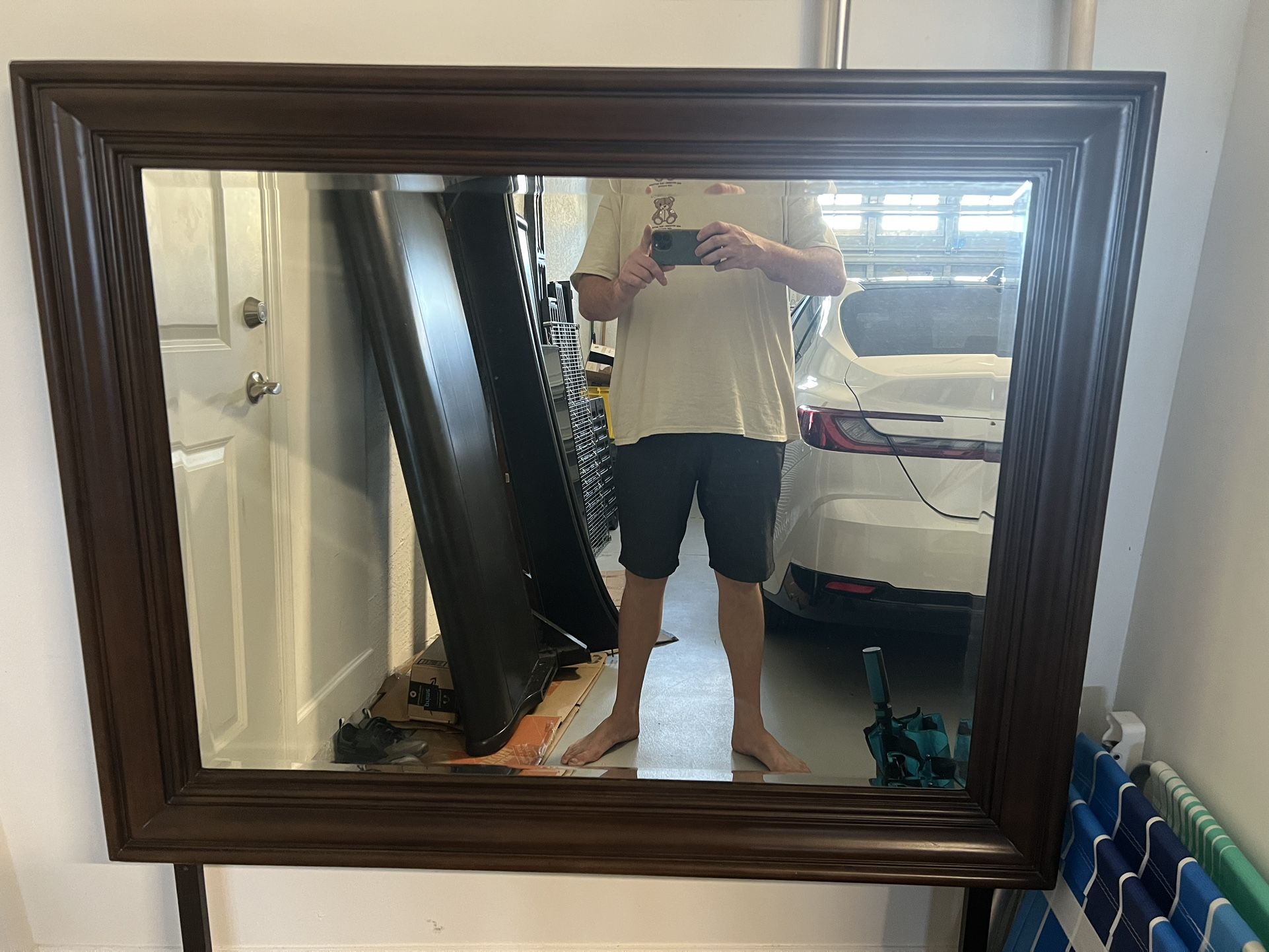 BIG Hardwood Mirror With Dresser Attachment Rods.