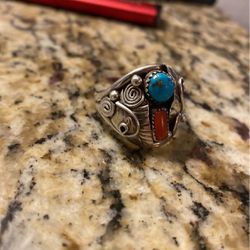 Turquoise and Coral Navajo Hand-made Ring