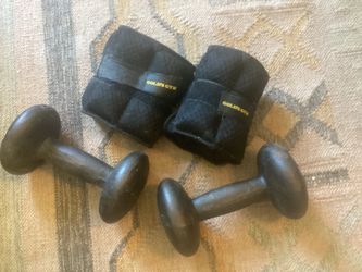 15 pound free weights and Gold’s Gym armband weights