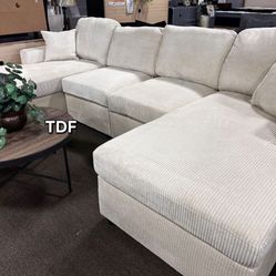 Ivory Color Corduroy Sectional Sofa w/Double Chaise (3 Color Options) 