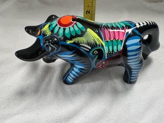 Mexican Hand-Painted Ceramic Bull Piggy Bank, Multicolored Floral Design