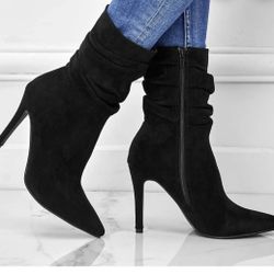 Black Faux Suede Stiletto Heeled Side Zipper wrinkle boots 