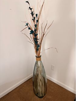 Large Glass Floor Vase with Decorative Dried Stems
