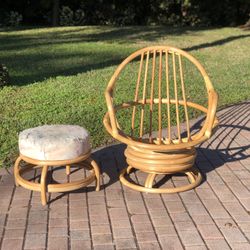 Vintage Rattan Swivel Chair And Ottoman 
