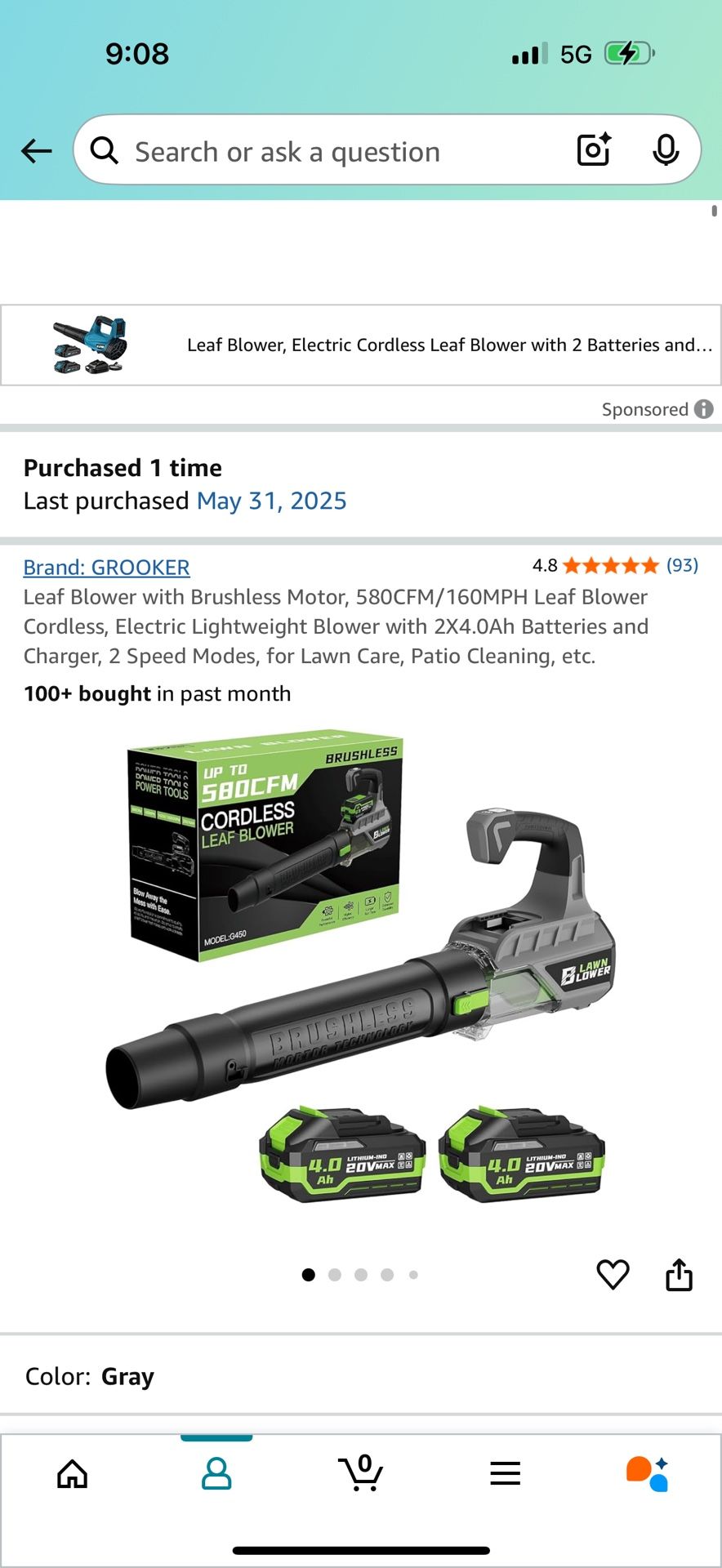 Leaf Blower with Brushless Motor, 580CFM/160MPH Leaf Blower Cordless, Electric Lightweight Blower with 2X4.0Ah Batteries and Charger, 2 Speed Modes, f
