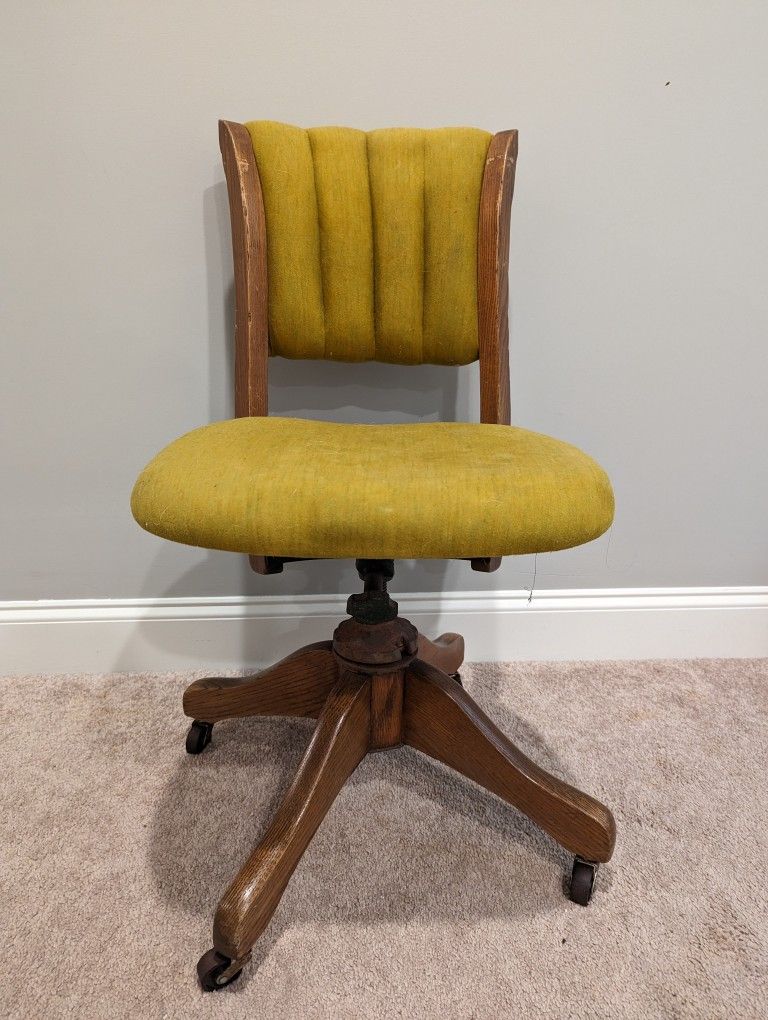 **RARE** Vintage Chartreuse Green/Yellow Swivel Upholstered Banker's Chair