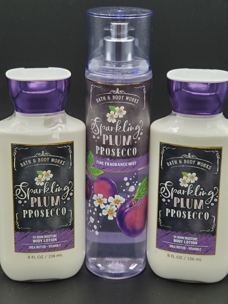 New, set of 3 Bath and Body Works Sparkling Plum Prosecco Lotion and Fragrance Mist