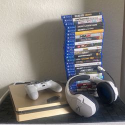 Gold Ps4 Slim 1Tb - W/th Controller And Headset + 27 Games 
