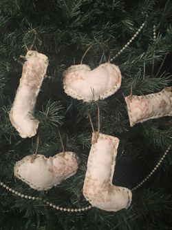 Hand sewn embroidered linen ornaments (5)