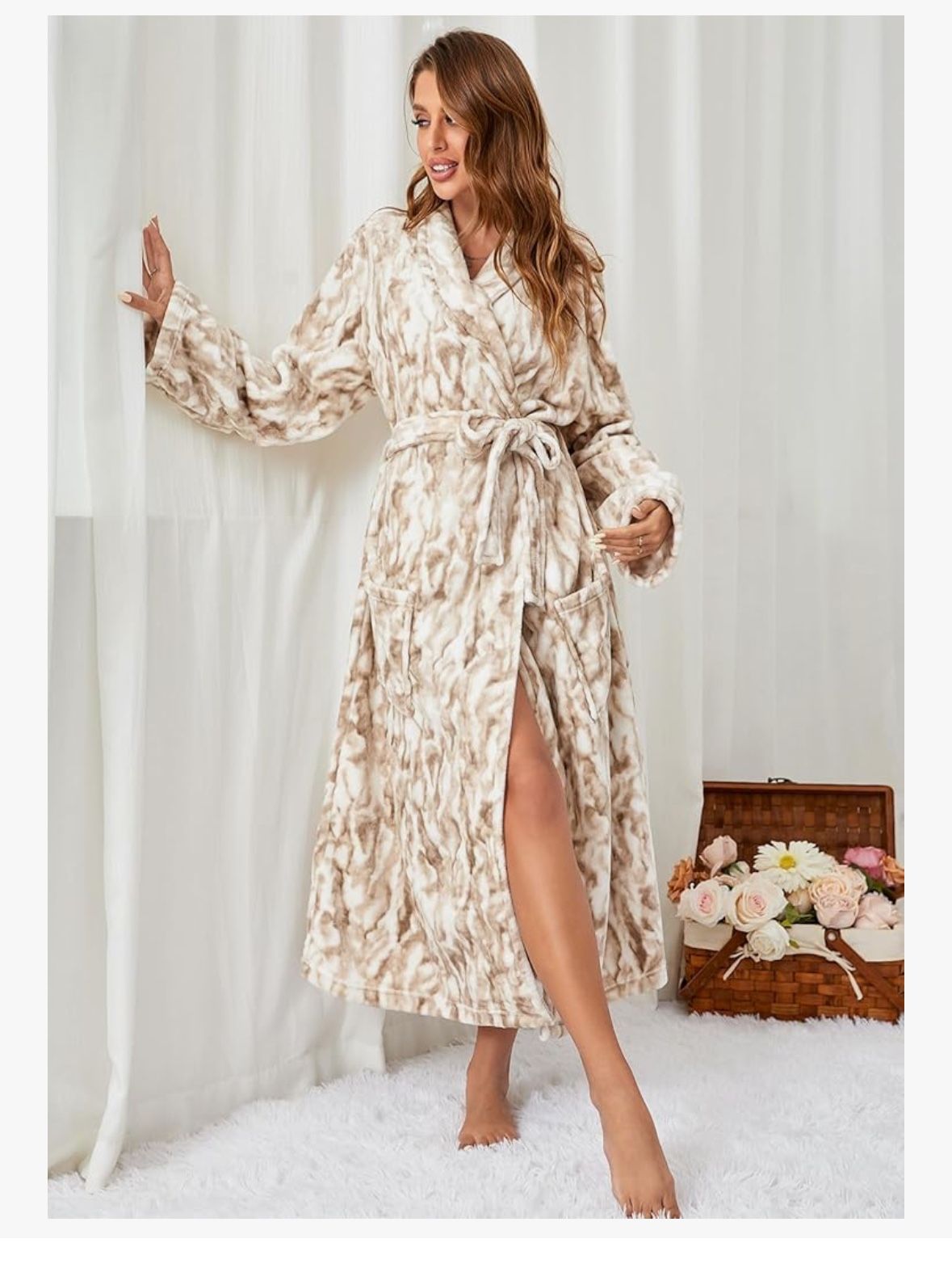 RONGTAI Womens Bathrobe Ladies Fleece Plush Warm Long Robes Fleece Nightgown Sleepwear