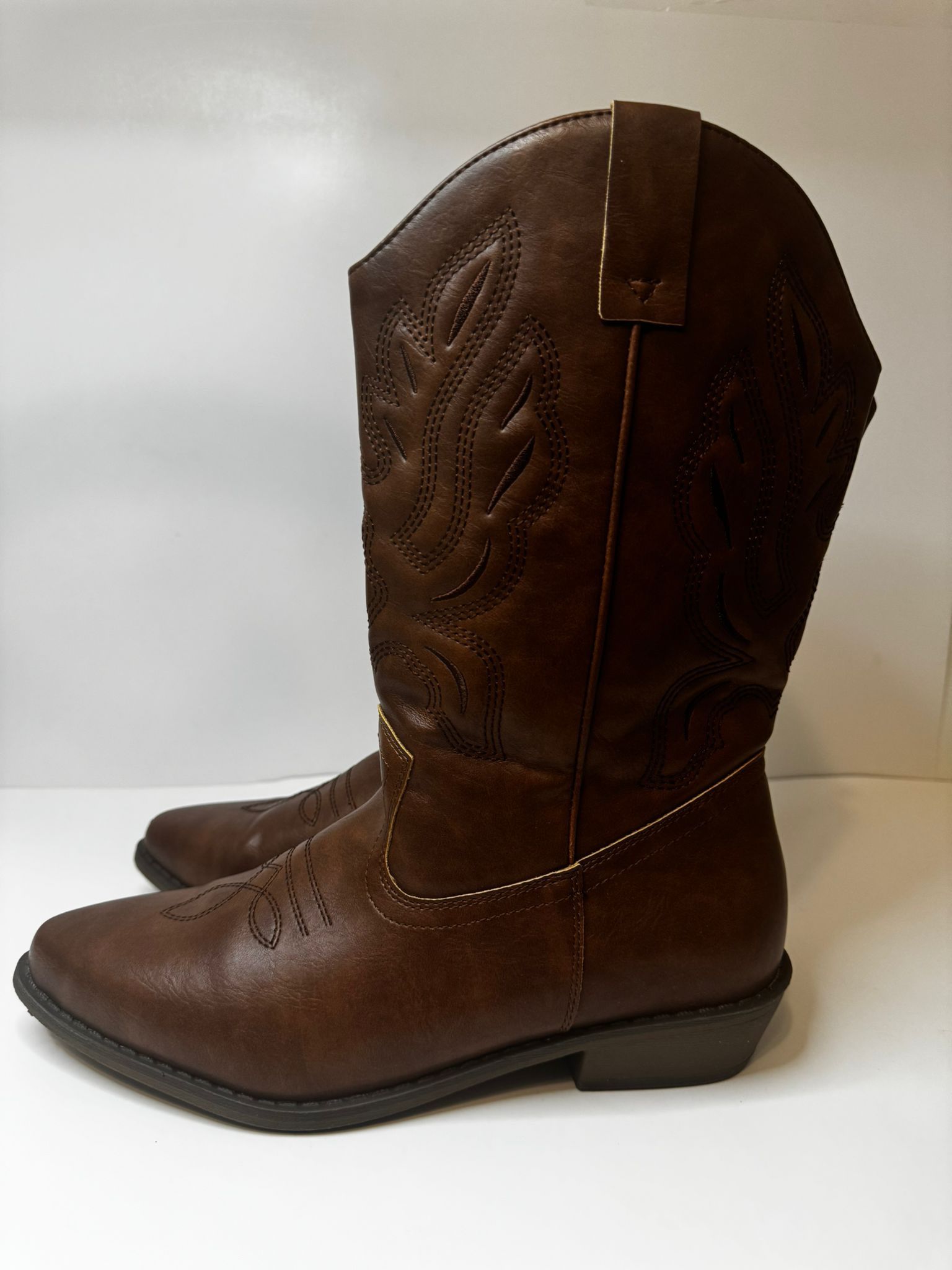 Women's Faux Leather Western Cowboy Mid Block Heel Boots, Dark Tan , Size 10